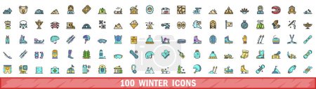 100 icônes d'hiver. Ensemble de lignes de couleurs d'icônes vectorielles d'hiver couleur de ligne mince plat sur blanc