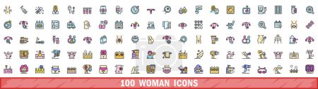 100 woman icons set. Color line set of woman vector icons thin line color flat on white
