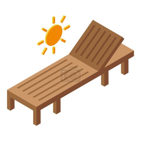 Wooden desk chair on sun icon isometric vector. Outdoor furniture. Summer relax