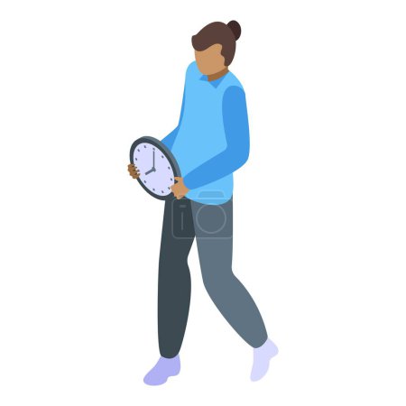Workaholic woman with clock icon isometric vector. Job occupation. Tired time