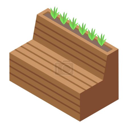 Illustration for Wooden bench with plants icon isometric vector. Park design. Architecture furniture - Royalty Free Image