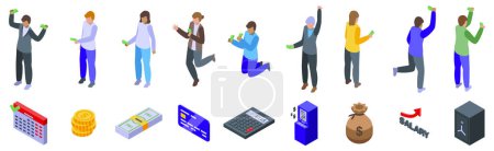 Illustration for People payday icons set isometric vector. Happy event salary. Payroll date - Royalty Free Image