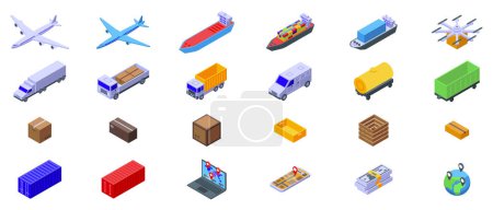 Flugzeugtransport Logistik Symbole setzen isometrischen Vektor. Fahrzeugverteilung. Güterschifffahrt