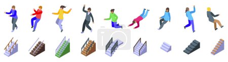 Téléchargez les illustrations : Les gens tombant dans les escaliers icônes ensemble vecteur isométrique. Assurance maladie. Blessure accidentelle - en licence libre de droit