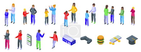 Parents teenagers conflicts icons set isometric vector. Stress trouble. Violence shout