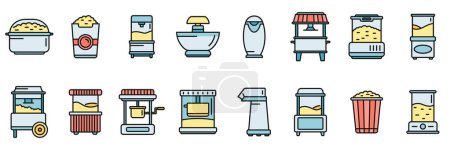 Popcorn maker machine icons set outline vector. Cinema corn. Making cook thin line color flat on white