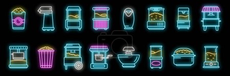 Popcorn maker machine icons set outline vector. Cinema corn. Making cook neon color on black