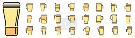 Los iconos de la taza termo establecen el vector de contorno. Café. Tapa de bebida de línea delgada de color plano en blanco