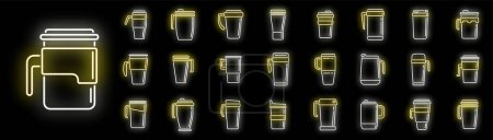 Los iconos de la taza termo establecen el vector de contorno. Café. Tapa de color neón bebida en negro