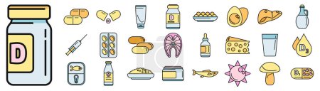 Illustration for Vitamin D icons set outline vector. Medical supplement. Omega health thin line color flat on white - Royalty Free Image