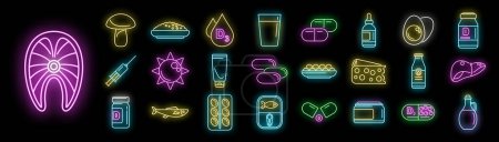 Vitamin-D-Symbole geben Umrissvektoren vor. Medizinische Ergänzung. Omega Gesundheit Neon Farbe auf schwarz