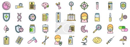 Illustration for Immune system icons set outline vector. Human weak. Medical booster thin line color flat on white - Royalty Free Image