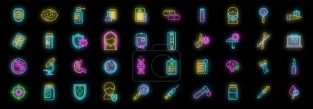 Illustration for Immune system icons set outline vector. Human weak. Medical booster neon color on black - Royalty Free Image