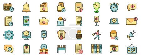 Illustration for Rush job icons set outline vector. Internet boss. Adult work thin line color flat on white - Royalty Free Image