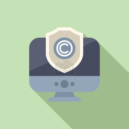 Secured computer screen copyright icon flat vector. Intellectual property. Data information