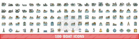 Ensemble de 100 icônes de bateau. Ensemble de lignes de couleurs d'icônes vectorielles de bateau couleur de ligne mince à plat sur blanc