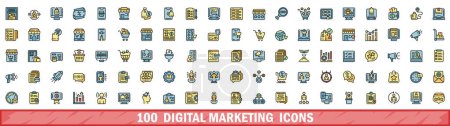 100 iconos de marketing digital establecidos. Conjunto de línea de color de iconos vectoriales de marketing digital de línea delgada de color plano en blanco