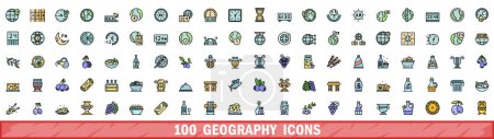 Ensemble de 100 icônes géographiques. Ensemble de lignes de couleurs d'icônes vectorielles de géographie couleur de ligne mince plat sur blanc