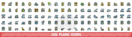 Ensemble de 100 icônes d'avion. Jeu de lignes de couleurs d'icônes vectorielles planes couleur de ligne mince à plat sur blanc