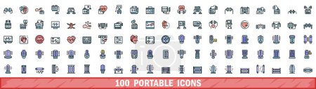100 portable icons set. Color line set of portable vector icons thin line color flat on white
