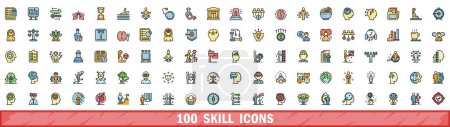 Ensemble de 100 icônes de compétences. Jeu de lignes de couleurs d'icônes vectorielles de compétences couleur de ligne mince à plat sur blanc