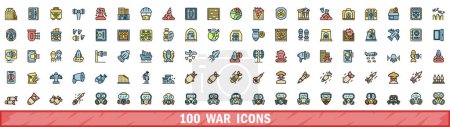 100 war icons set. Color line set of war vector icons thin line color flat on white