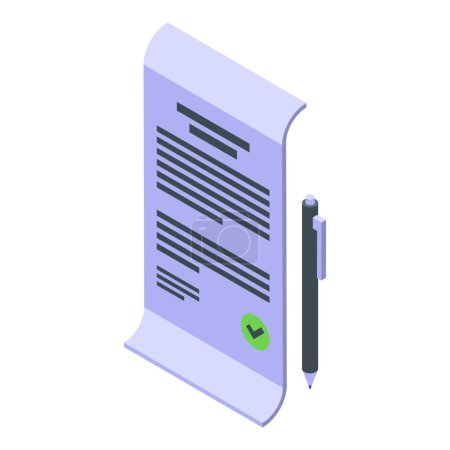 Isometric vector illustration of a signed document and a pen, symbolizing agreement and completion