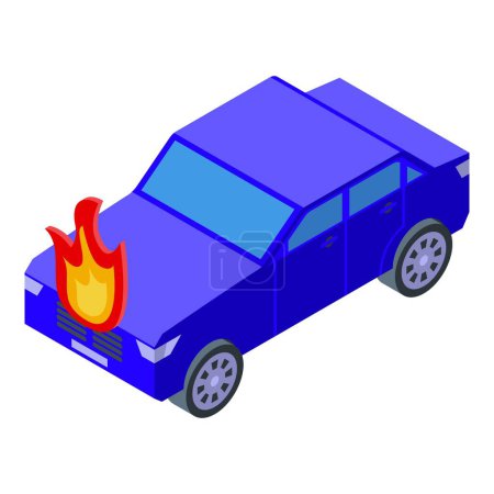 Vibrant isometric illustration of a blue car with flames erupting from the engine