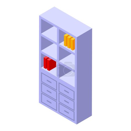 Vector illustration of an isometric bookshelf with red and yellow books and empty shelves