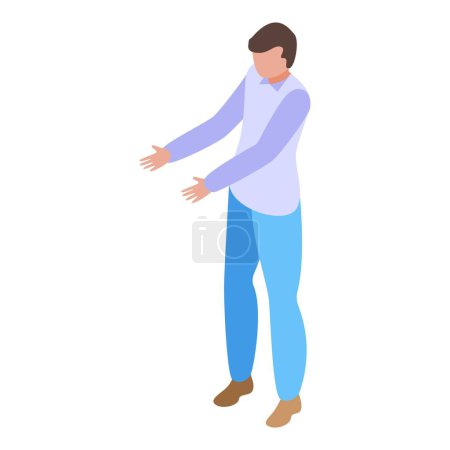 Hombre de negocios isométrico gesticulando con los brazos abiertos en una pose acogedora, que representa la presentación profesional del negocio y el compromiso corporativo