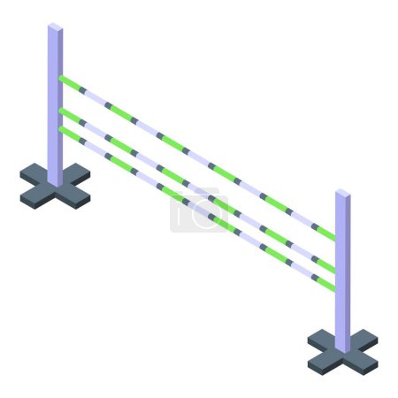 Ilustración isométrica de soportes metálicos con cinta de rayas verdes para control de multitudes