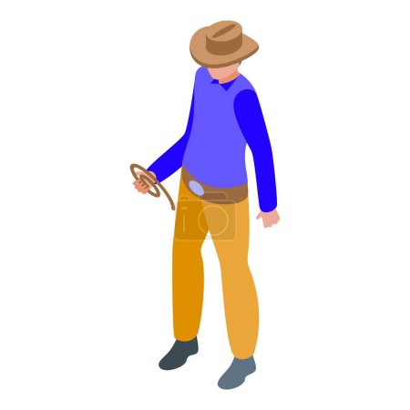 Vektorillustration eines isometrischen Bauern mit Hut, der eine Harke hält, dargestellt in heller, farbenfroher Kleidung