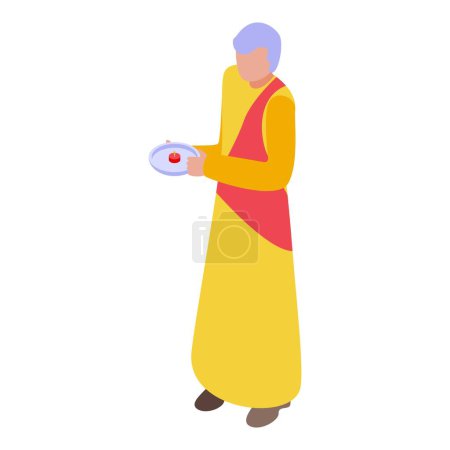 Colorful isometric illustration of a medieval servant in traditional attire holding a goblet