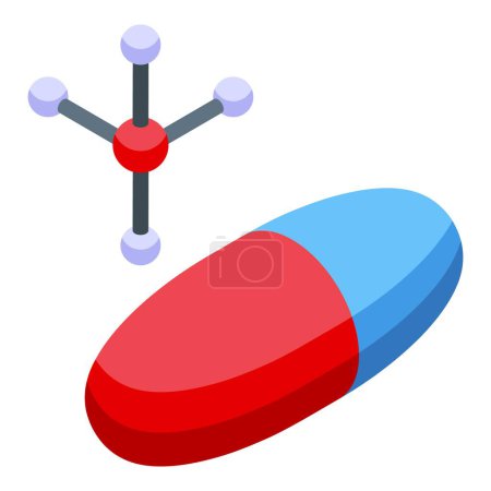 Ilustración de Representación gráfica de una cápsula medicinal con su estructura química en diseño isométrico - Imagen libre de derechos