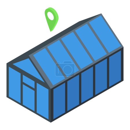 Ilustración de Isometric vector illustration of a modern warehouse building with a green location pin - Imagen libre de derechos