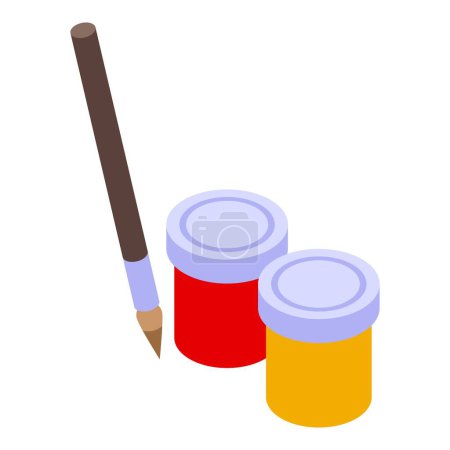 Isometric vector illustration of a paintbrush with red and yellow paint pots, ideal for artthemed designs