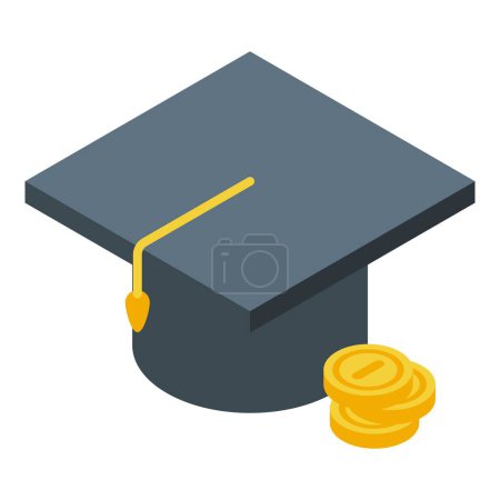 Isometric vector of a graduation hat next to a stack of coins, symbolizing education investment