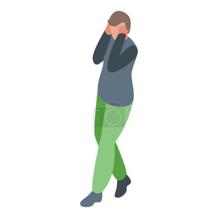 Personaje isométrico en una pose que demuestra estrés o ansiedad cubriéndose los oídos con las manos