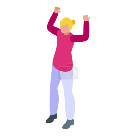 Isometrischer Vektor einer Frau mit erhobenen Händen in einer feierlichen Pose, die Glück und Erfolg ausdrückt