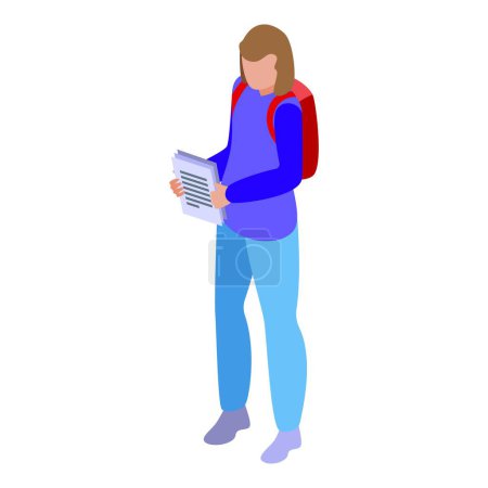Ilustración isométrica de un estudiante sosteniendo papeles, usando una mochila
