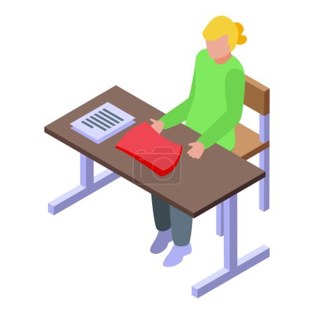 Ilustración isométrica de un estudiante centrado en la lectura en un escritorio de estudio