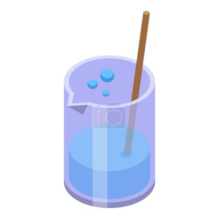 3d isometric illustration of a laboratory beaker filled with a blue liquid and wooden stirrer