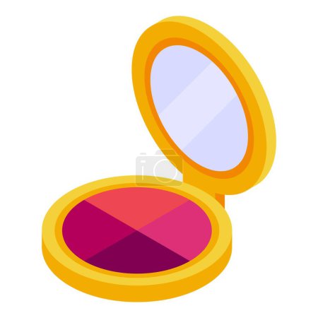 Vibrant isometric illustration of a pink blush in a golden compact case with mirror