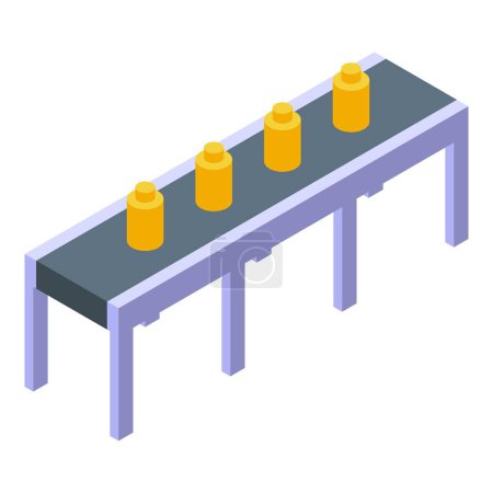 Digital illustration of an isometric view of a conveyor belt with uniformly spaced yellow jars