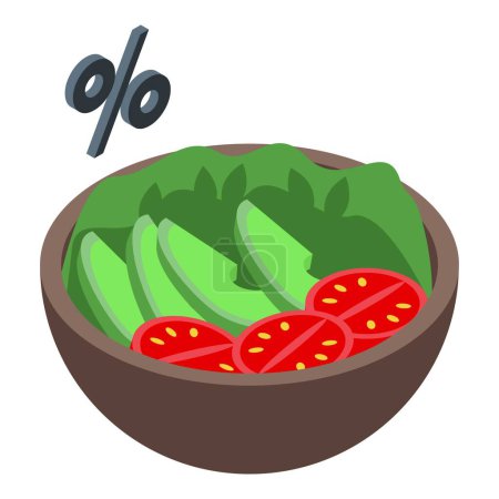 Lebendige Vektorillustration einer frischen Salatschüssel mit einem Prozentzeichen, das Lebensmittelrabatte oder -deals symbolisiert