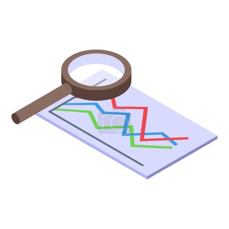 Illustration for Isometric illustration of a magnifying glass over paper with colorful growth charts - Royalty Free Image