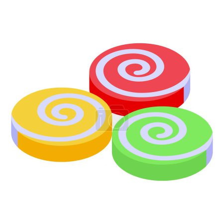 Téléchargez les illustrations : Illustration vectorielle isométrique vibrante et colorée d'icônes assorties de bonbons en spirale avec des motifs rayés rouges, jaunes et verts sur fond blanc - en licence libre de droit