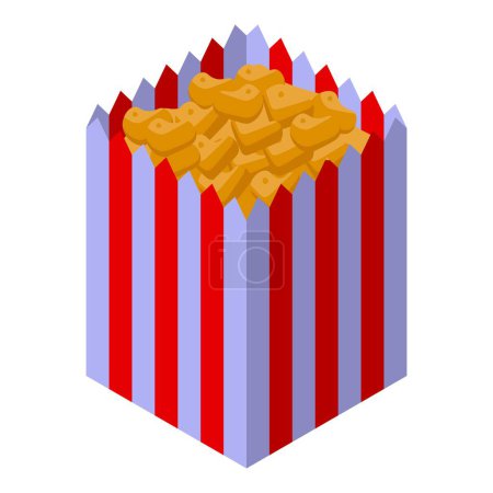 Ilustración isométrica vibrante y colorida de una caja de palomitas de maíz con rayas rojas y blancas, perfecta para proyectos de diseño gráfico con temática cinematográfica o noche de cine