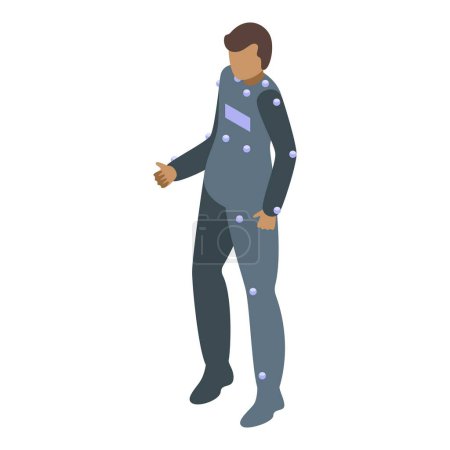 Téléchargez les illustrations : Illustration d'un acteur de capture de mouvement portant une combinaison de mocap avec des capteurs de corps pour le suivi, créant un modèle 3D pour l'animation et l'art numérique dans l'industrie du divertissement - en licence libre de droit
