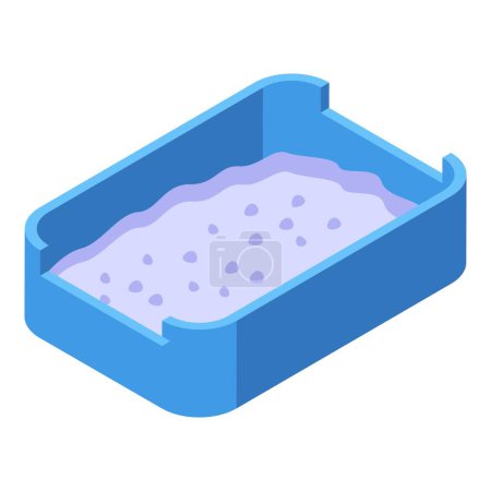 3D-Vektorgrafik einer blauen isometrischen Katzentoilette mit lila Einstreu